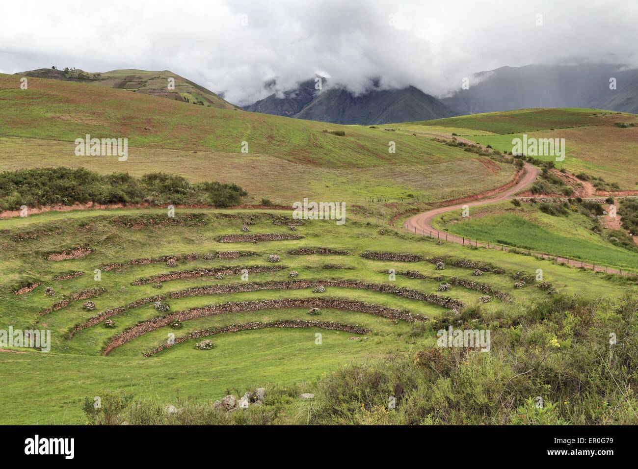 Circolare rovine Inca di Moray in Valle Sacra vicino a Cusco, Perù pensato per essere un Inca stazione di esperimento agricola. Foto Stock