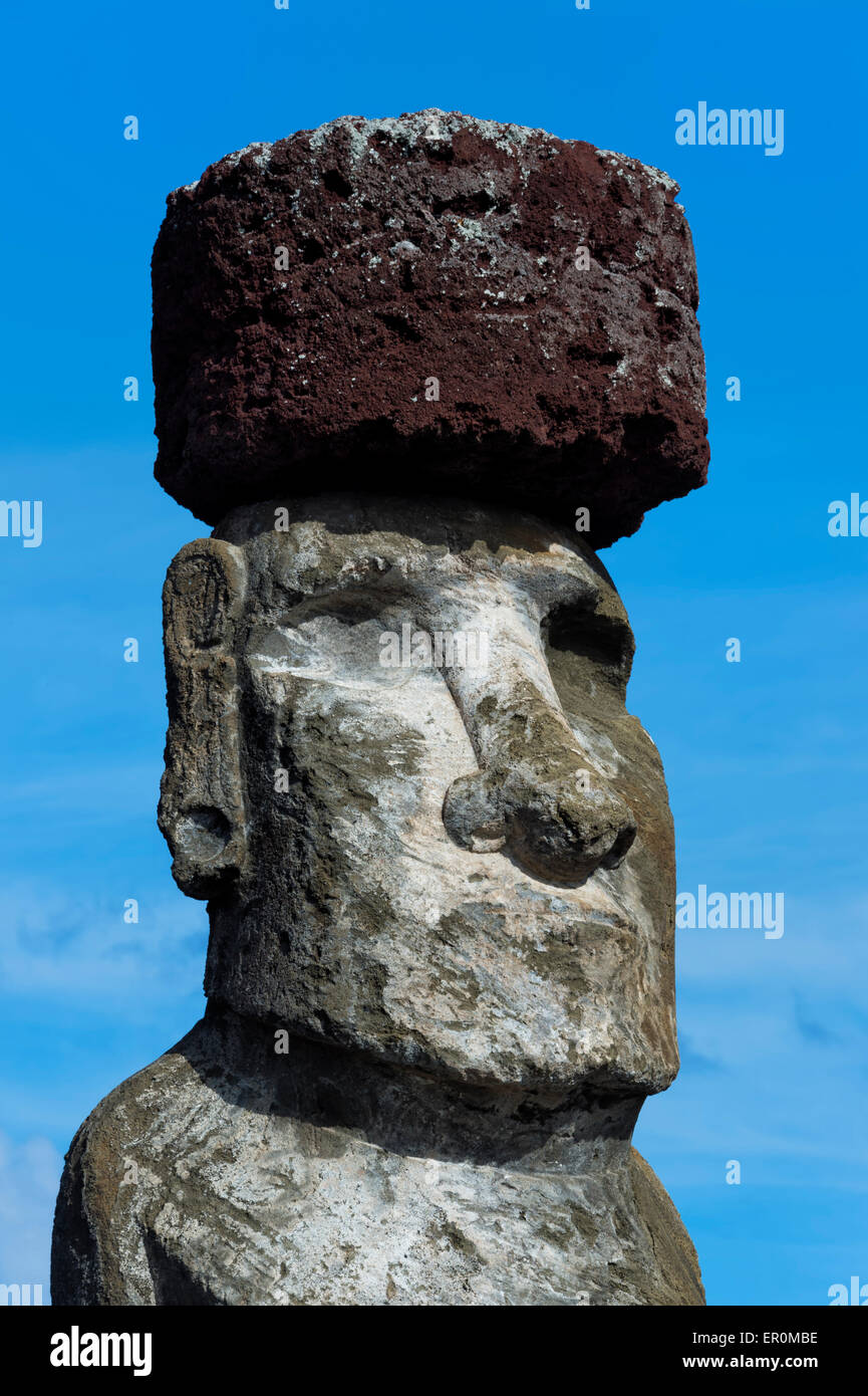 Moai, Ahu Tongariki, Parco Nazionale di Rapa Nui, Isola di Pasqua, Cile, Patrimonio Mondiale dell Unesco Foto Stock