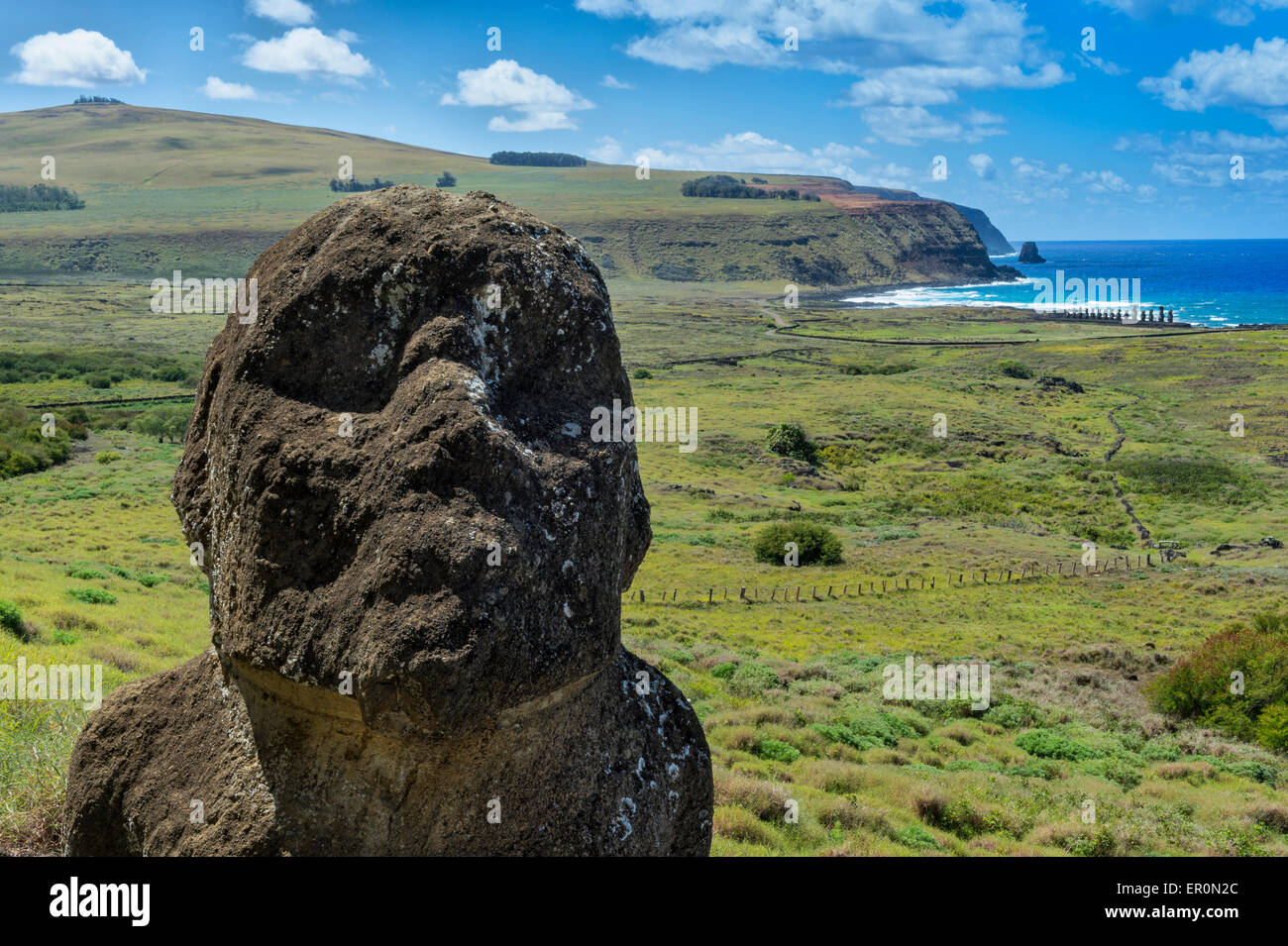 Inginocchiato Moai in Rano Raraku, Tongariki nel retro, Parco Nazionale di Rapa Nui, Isola di Pasqua, Cile, Patrimonio Mondiale dell Unesco Foto Stock