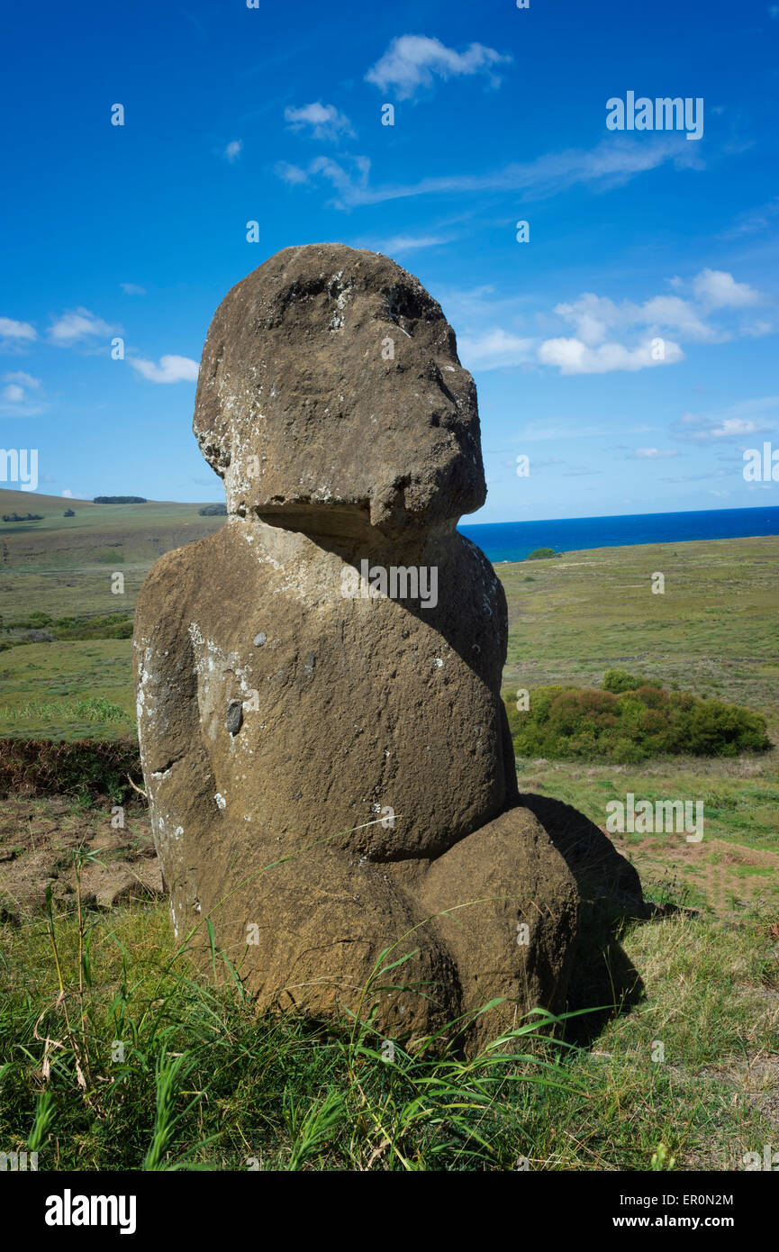 Inginocchiato Moai in Rano Raraku, Parco Nazionale di Rapa Nui, Isola di Pasqua, Cile, Patrimonio Mondiale dell Unesco Foto Stock