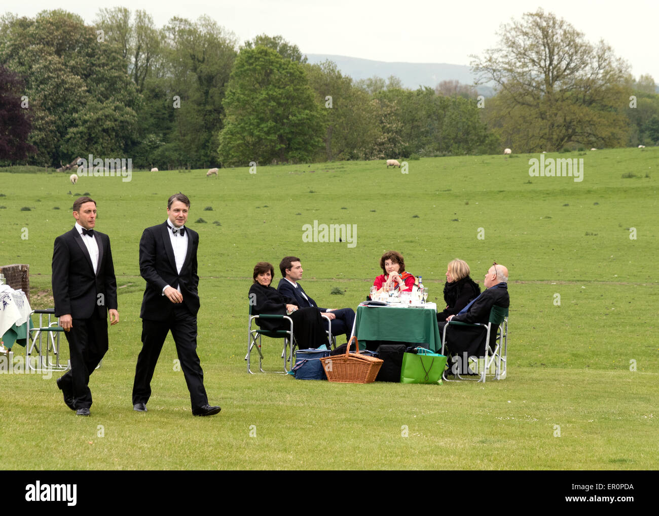 Le persone aventi un picnic sul prato, Glyndebourne Opera Festival, Glyndebourne, Lewes, Sussex, Regno Unito Foto Stock