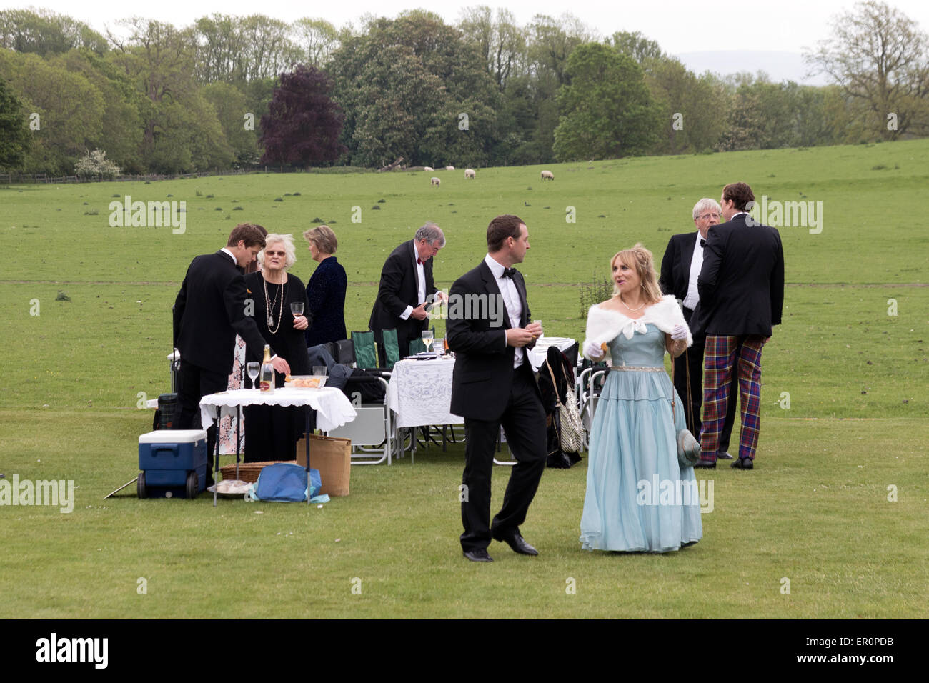 Le persone aventi un picnic sul prato, Glyndebourne Opera Festival, Glyndebourne, Lewes, Sussex, Regno Unito Foto Stock