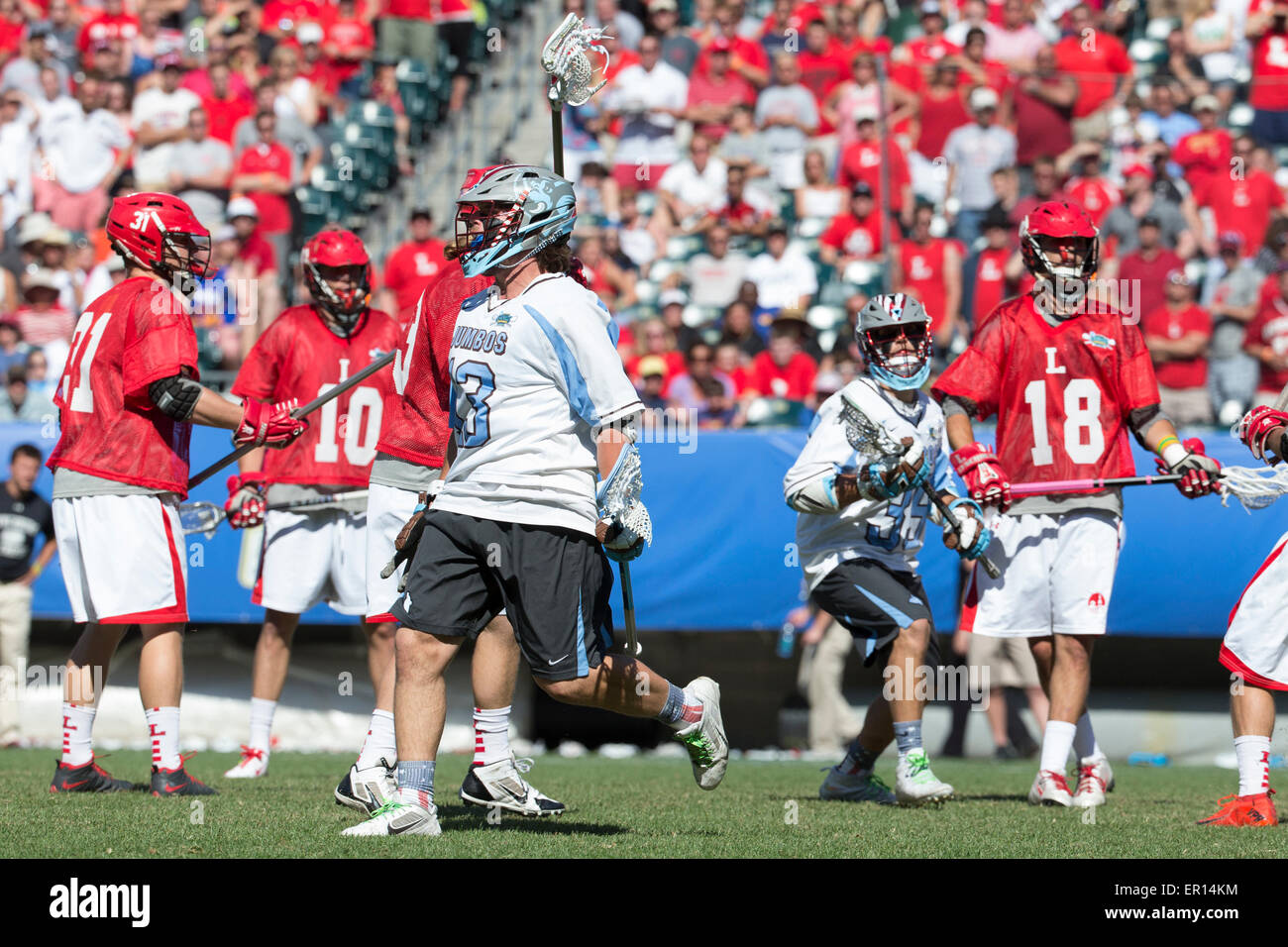 Philadelphia, Pennsylvania, USA. Xxiv Maggio, 2015. Ciuffi elefanti attacco Giovanni Uppgren (13) reagisce al suo obiettivo durante il campionato del NCAA DIVISIONE III maschile di lacrosse torneo tra il Lynchburg Hornets e i ciuffi elefanti al Lincoln Financial Field di Philadelphia, Pennsylvania. Christopher Szagola/CSM/Alamy Live News Foto Stock