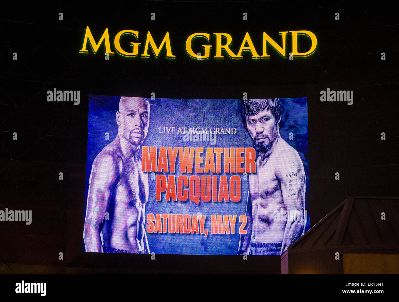 Un segno a MGM Grand pubblicizza circa il Floyd Mayweather e Manny Pacquiao lotta Foto Stock