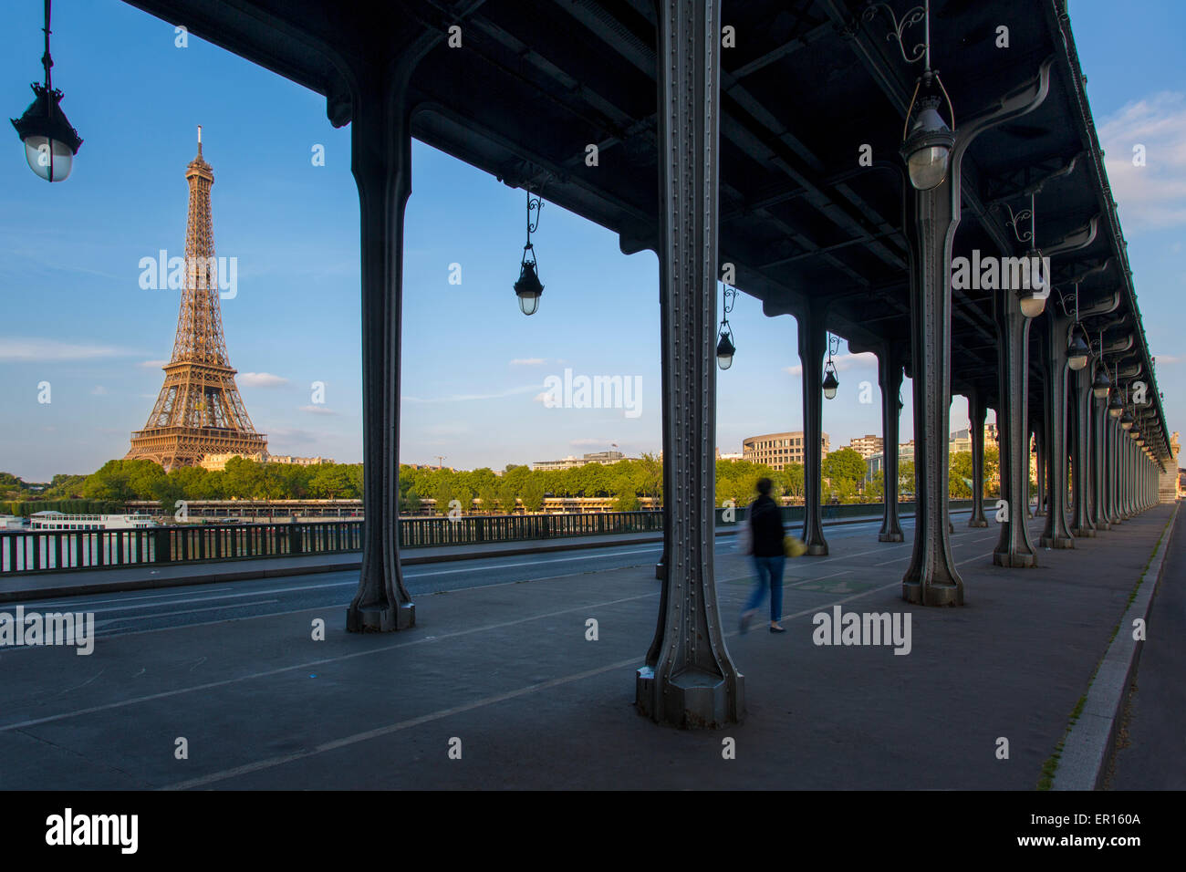 Colonne di acciaio di Pont Bir Hakeim con Senna e dalla Torre Eiffel al di là, Parigi, Francia Foto Stock