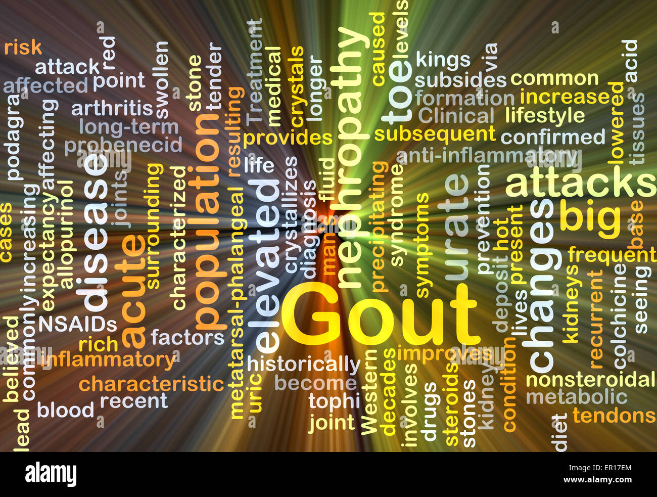 Concetto di sfondo wordcloud illustrazione della gotta luce incandescente Foto Stock