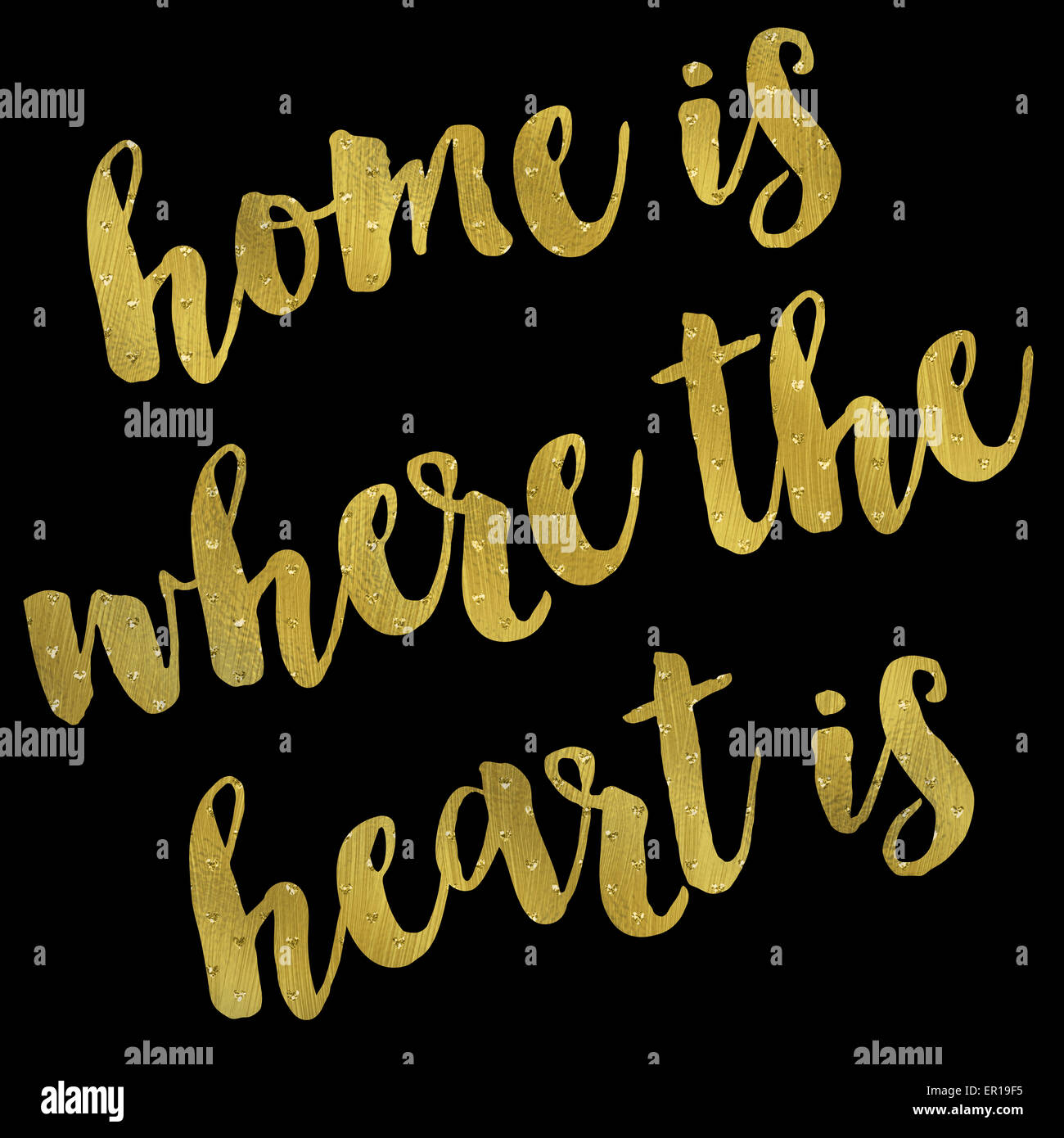 Casa è dove il cuore è oro in similpelle di lamina metallica preventivo Glitter isolato su nero Foto Stock