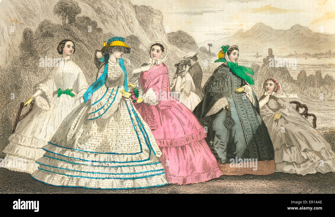 Godey Lady del libro di 1860 Colore piastre di moda - Giugno USA GUERRA CIVILE style Foto Stock