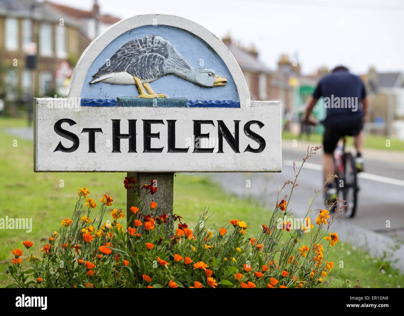 Un ciclista in sella passato il segno del villaggio di Sant Helens (AKA Isola d'oca) accanto al verde sull'Isola di Wight. Foto Stock