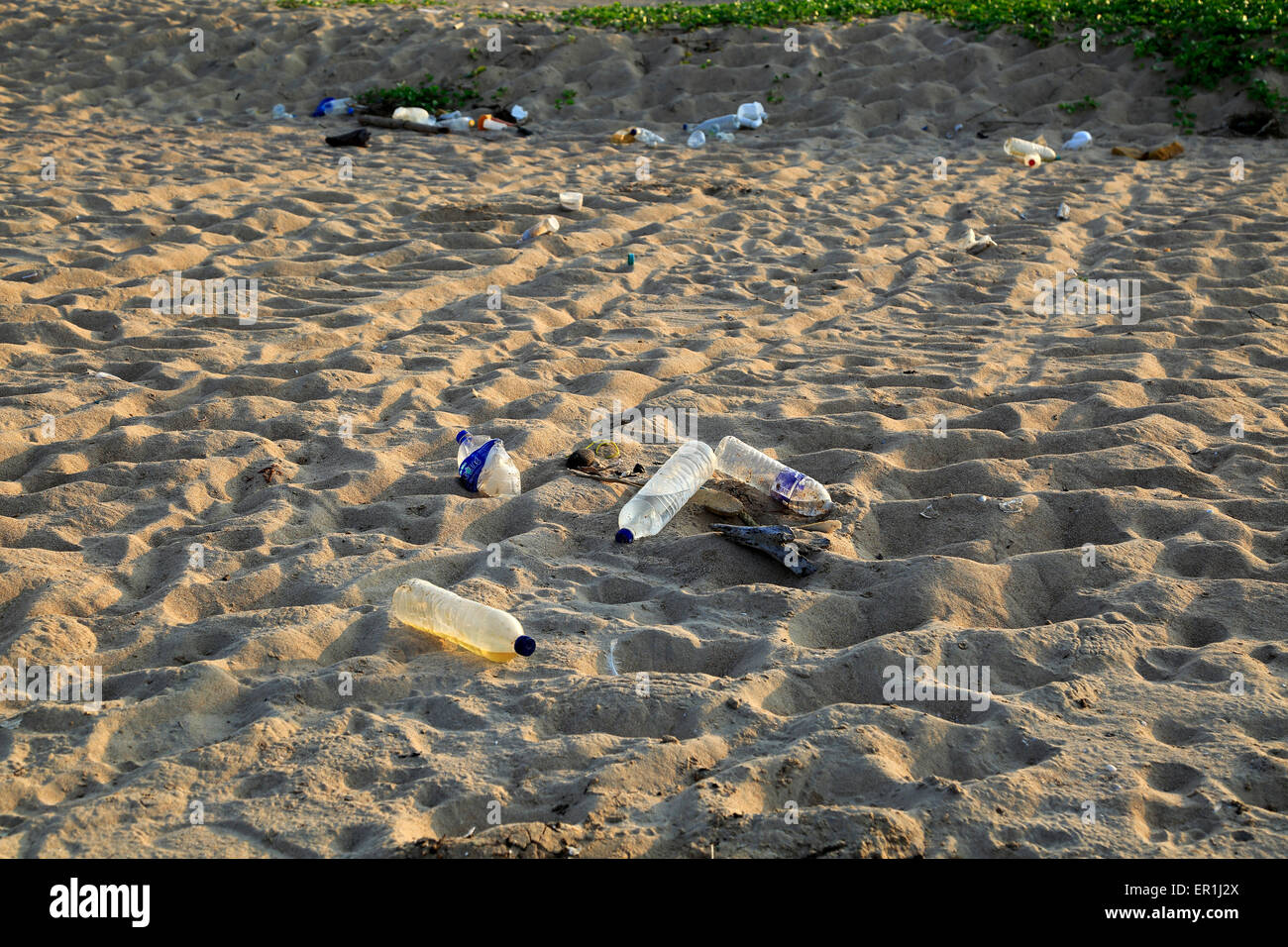 Le bottiglie di plastica per lettiera sulla spiaggia sabbiosa, Nilavelli beach, Trincomalee, Sri Lanka, Asia Foto Stock