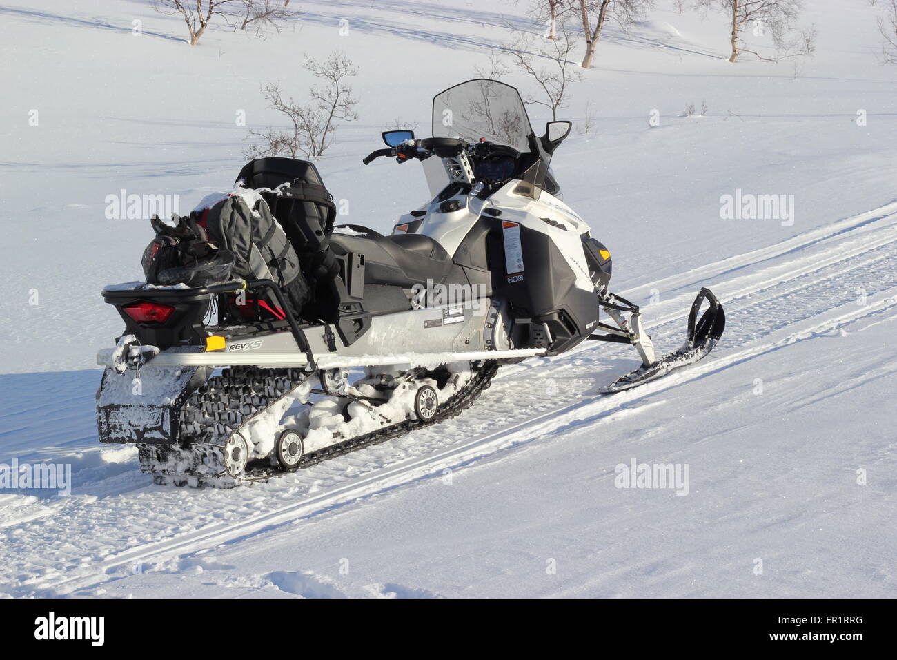 Una motoslitta sulla neve, Dapmotjavri, Norvegia Foto Stock