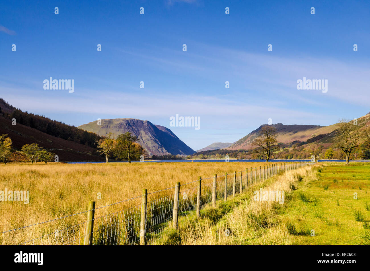 Fondo Warnscale con Buttermere lake e Mellbreak cadde in distanza. Lake District, Cumbria, Inghilterra Foto Stock