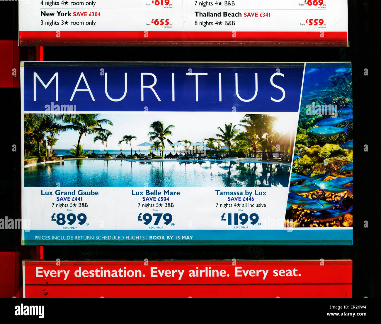 Mauritius offerte vacanze Agente di Viaggio della finestra, Baker Street, Marylebone, London, England, Regno Unito Foto Stock