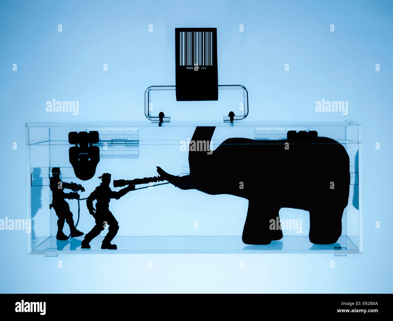 Fermare il traffico illegale commercio di specie selvatiche. Elephant di essere attaccato da cacciatori Foto Stock