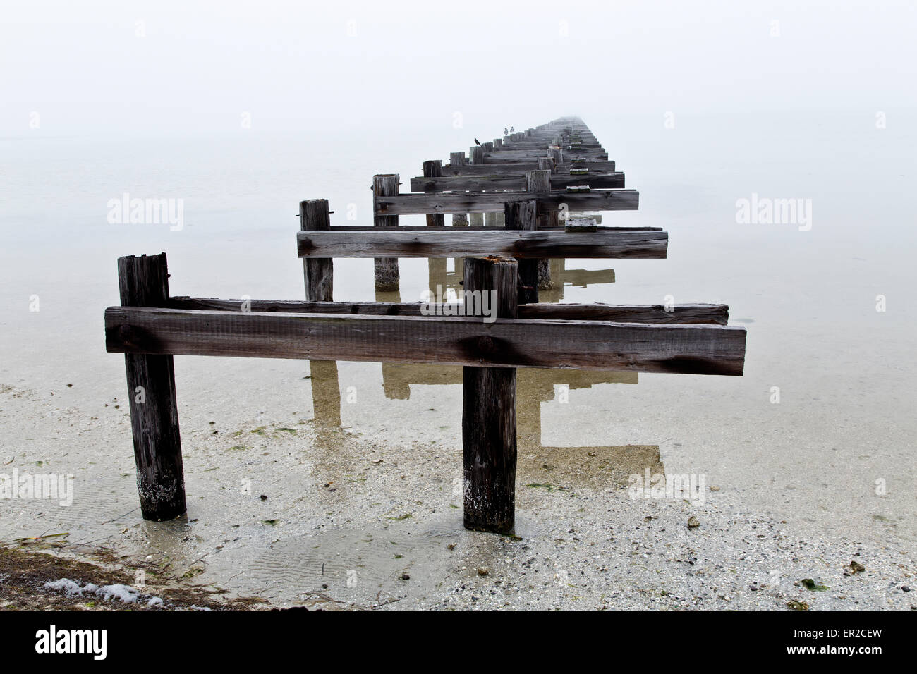 Abbandonato il molo di legno scomparendo nella nebbia per via navigabile. Foto Stock