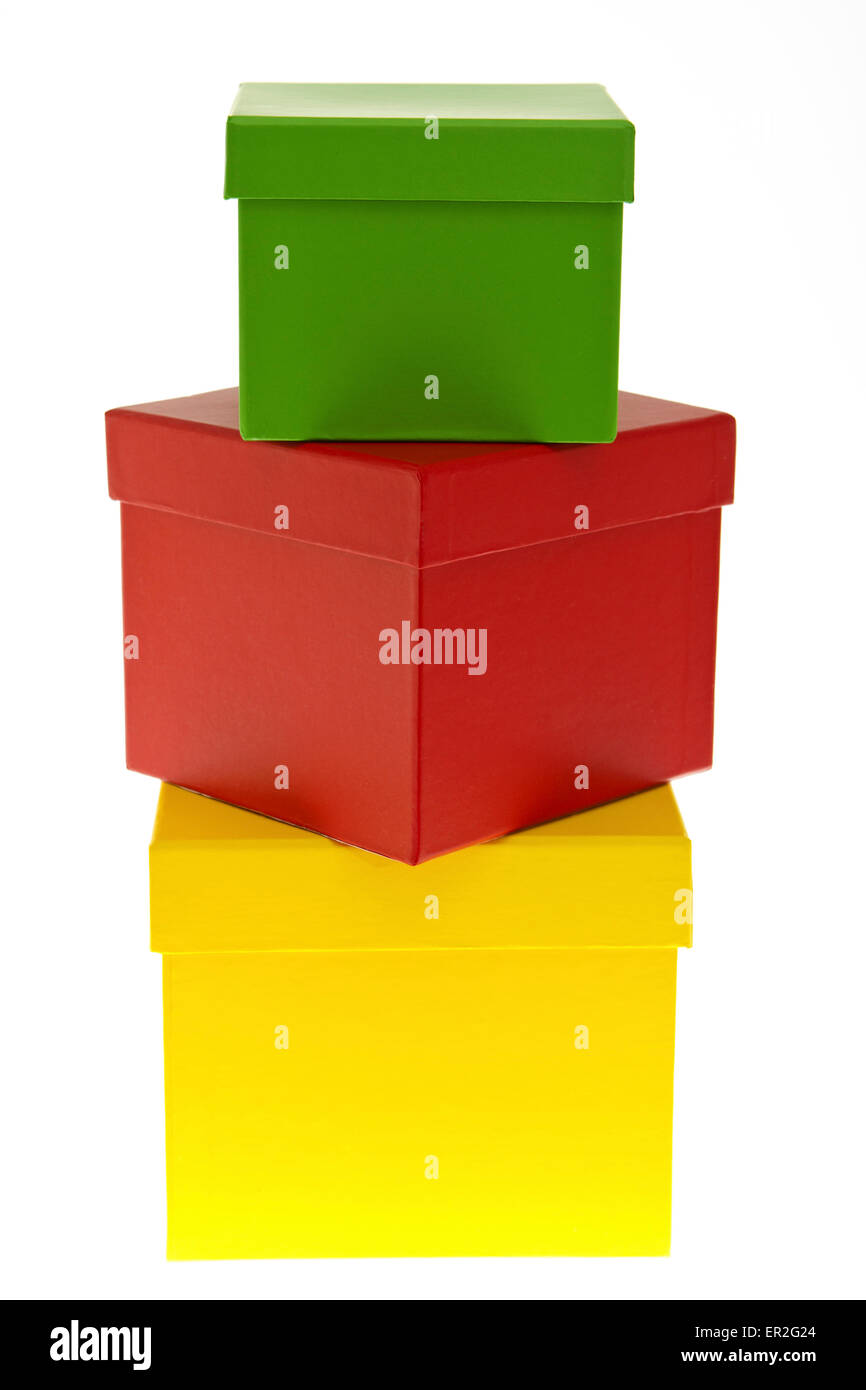 Verschiedene farbige Geschenkpäckchen, colorata confezione regalo, anniversario, compleanno, box, celebrare, celebrazione di Natale, clo Foto Stock