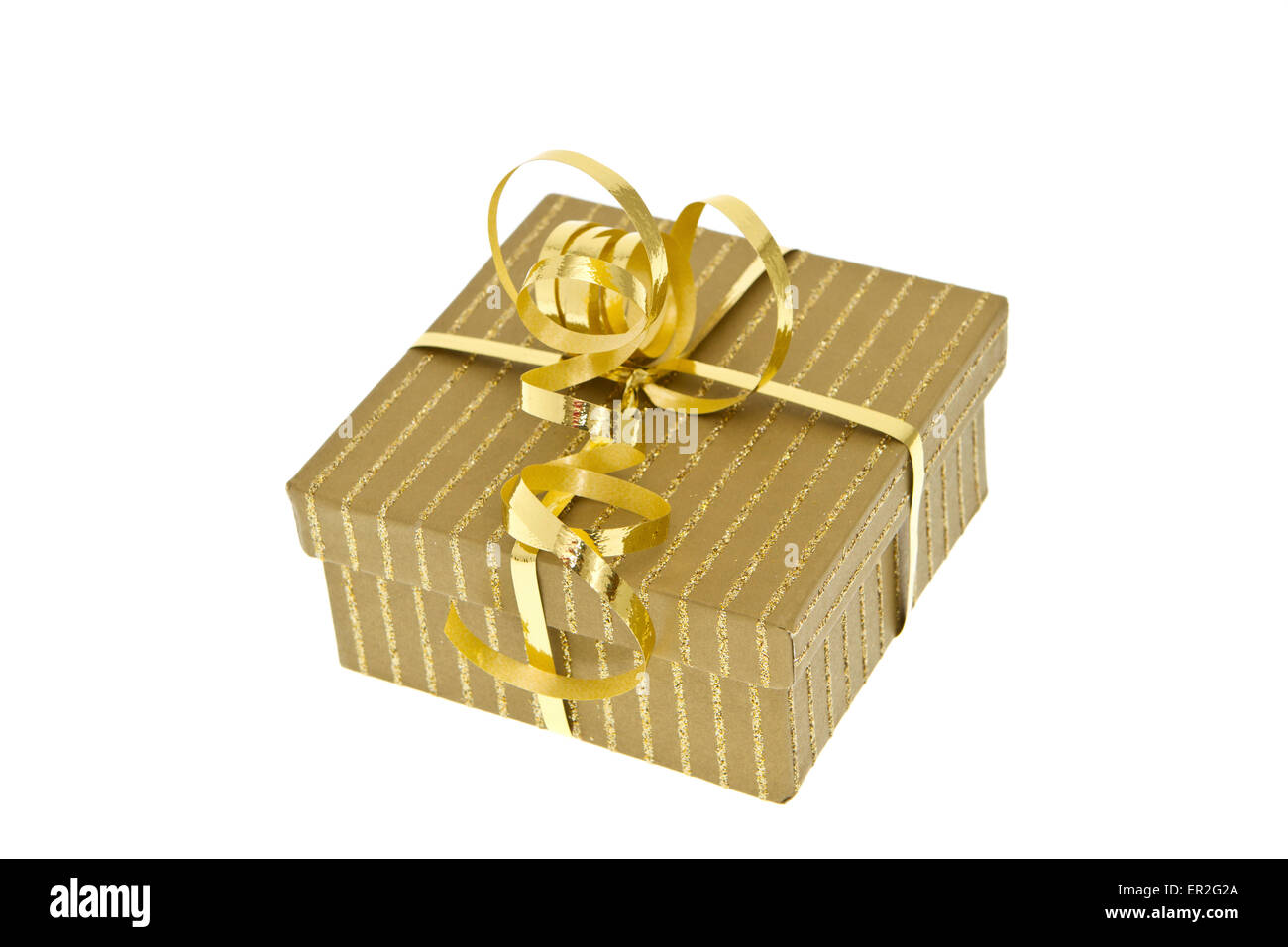 Goldenes Päckchen, anniversario, compleanno, box, celebrare, celebrazione di Natale, closeup, decorare, decorazione, decorativo, des Foto Stock