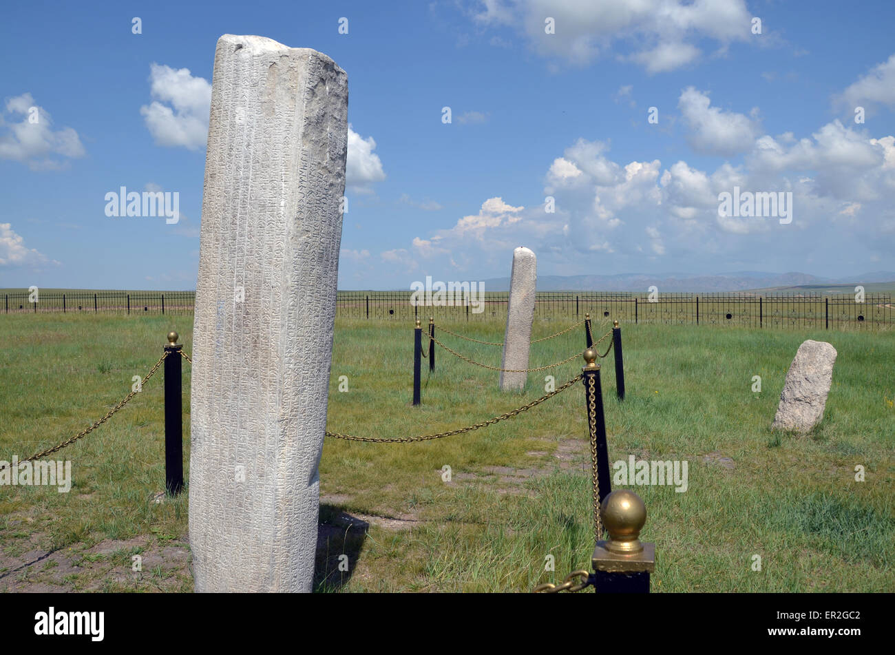 Il sito Tonyukuk risalente all'VIII secolo, a est di Ulan Bator, Tov provincia. Qui ci sono 2 Bagno turco scritto pietra permanente. Foto Stock