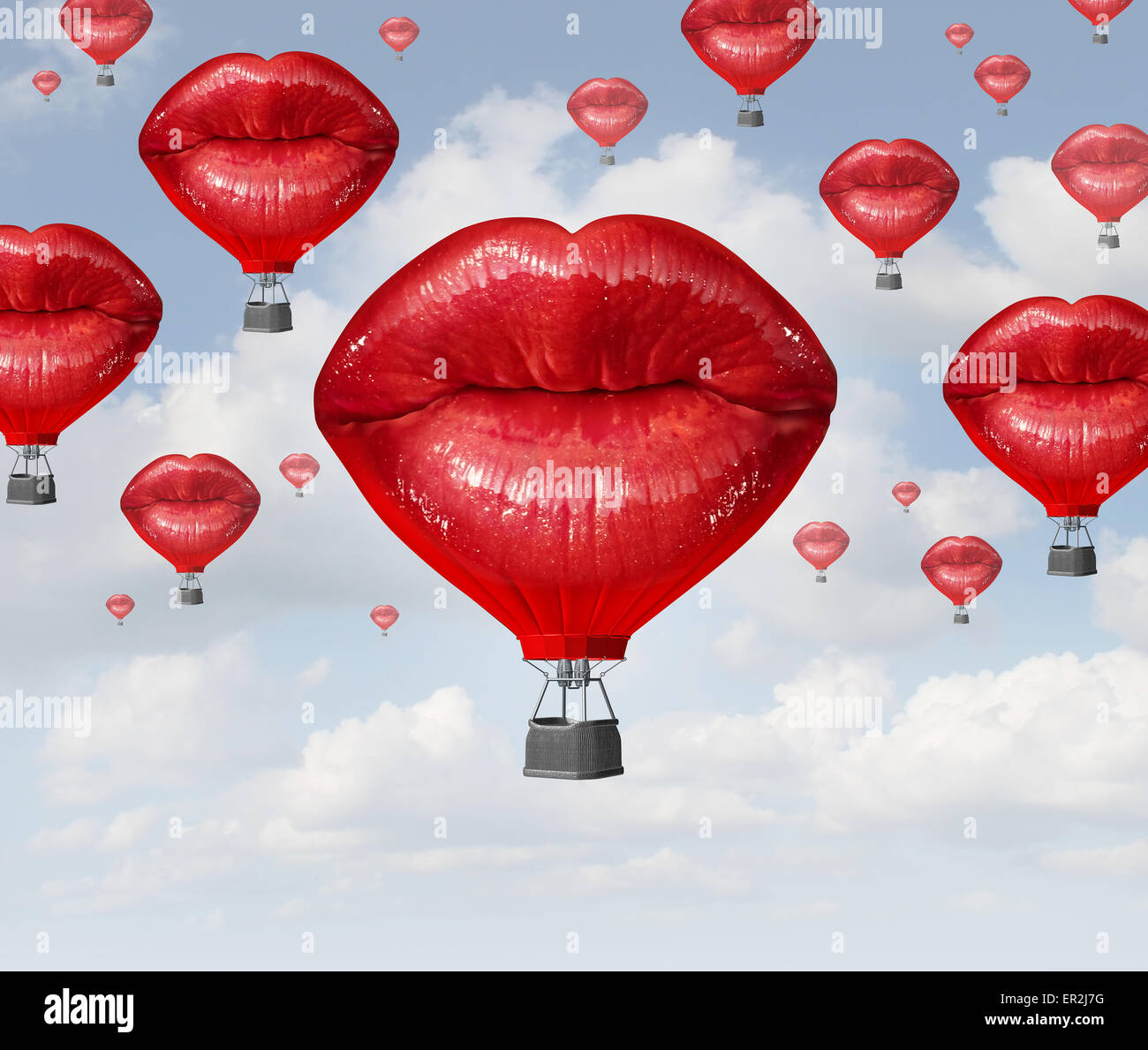 Amore palloncini come una mongolfiera fatta di umana labbra rosse soaring fino al cielo blu come una surreale sognante passione romantica concetto e viaggio emozionale o la libertà di viaggio di scoperta. Foto Stock