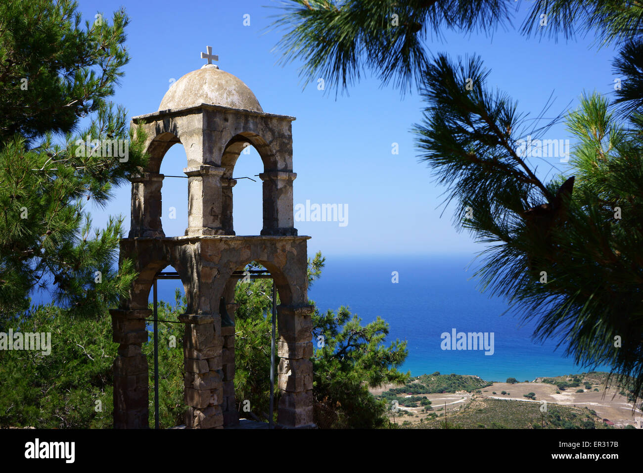 Campanile della chiesa ortodossa greca Monastero di Agios Ioannis Thyminaos, isola di Kos, Grecia Foto Stock