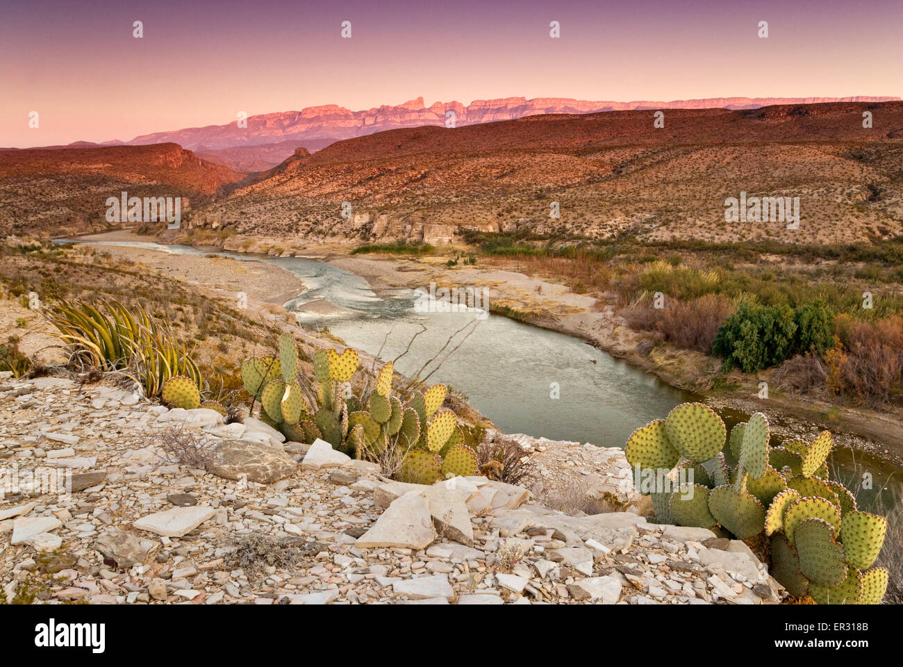Rio Grande in Hot Springs area, Sierra del Carmen in Messico in dist, tramonto, deserto del Chihuahuan nel Parco nazionale di Big Bend, Texas Foto Stock