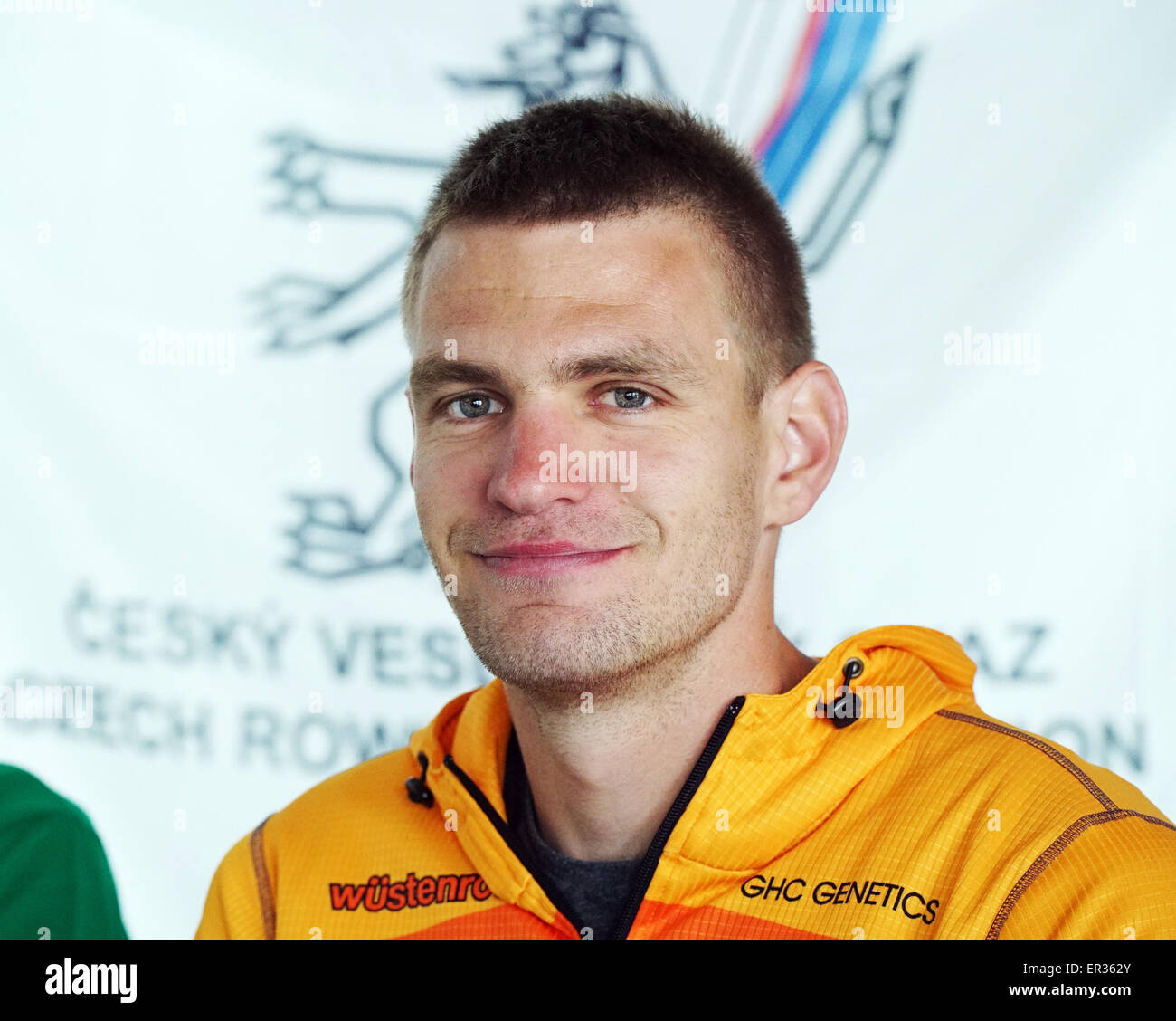 Vogatore ceco Ondrej Synek sorrisi durante la conferenza stampa prima della comunità Rowing Championships 2015 polacca di Poznan, a Praga Repubblica Ceca, 26 maggio 2015. (CTK foto/Michal Dolezal) Foto Stock