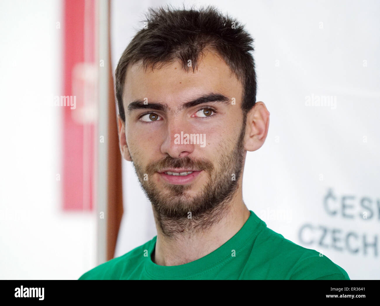 Vogatore ceco Michal Plocek sorrisi durante la conferenza stampa prima della comunità Rowing Championships 2015 polacca di Poznan, a Praga Repubblica Ceca, 26 maggio 2015. (CTK foto/Michal Dolezal) Foto Stock