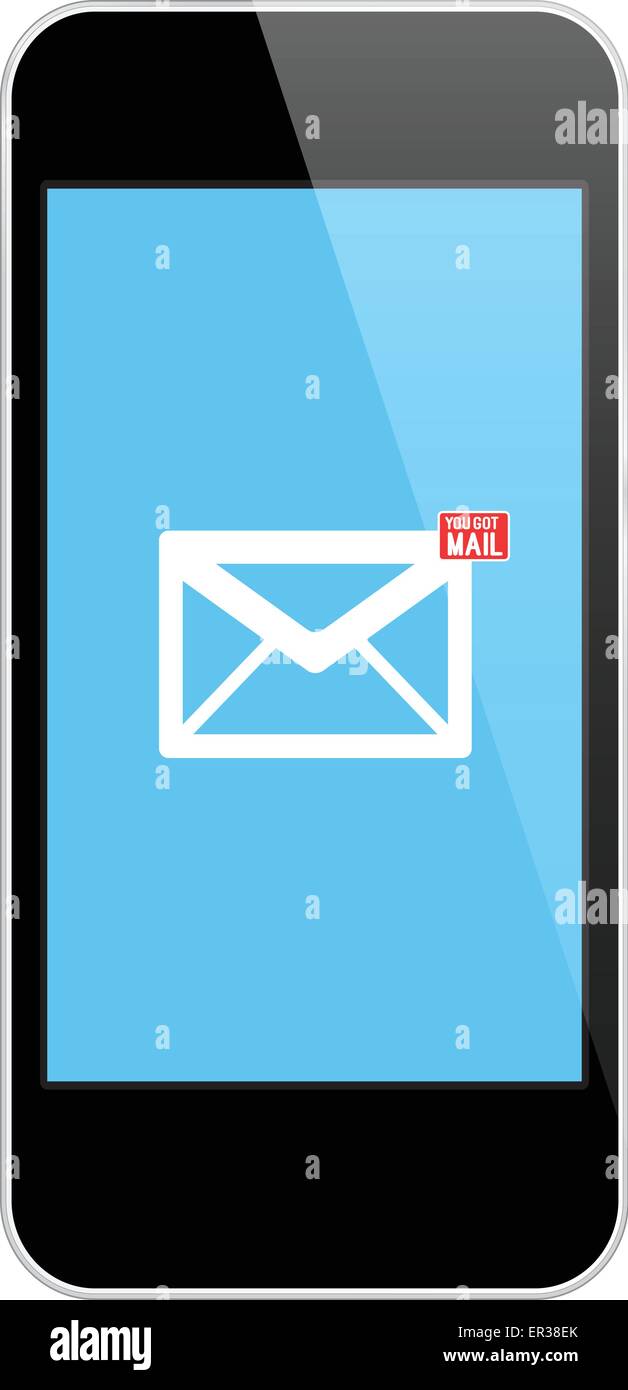 Notifica di posta sul moderno nero Smartphone isolato su bianco Illustrazione Vettoriale