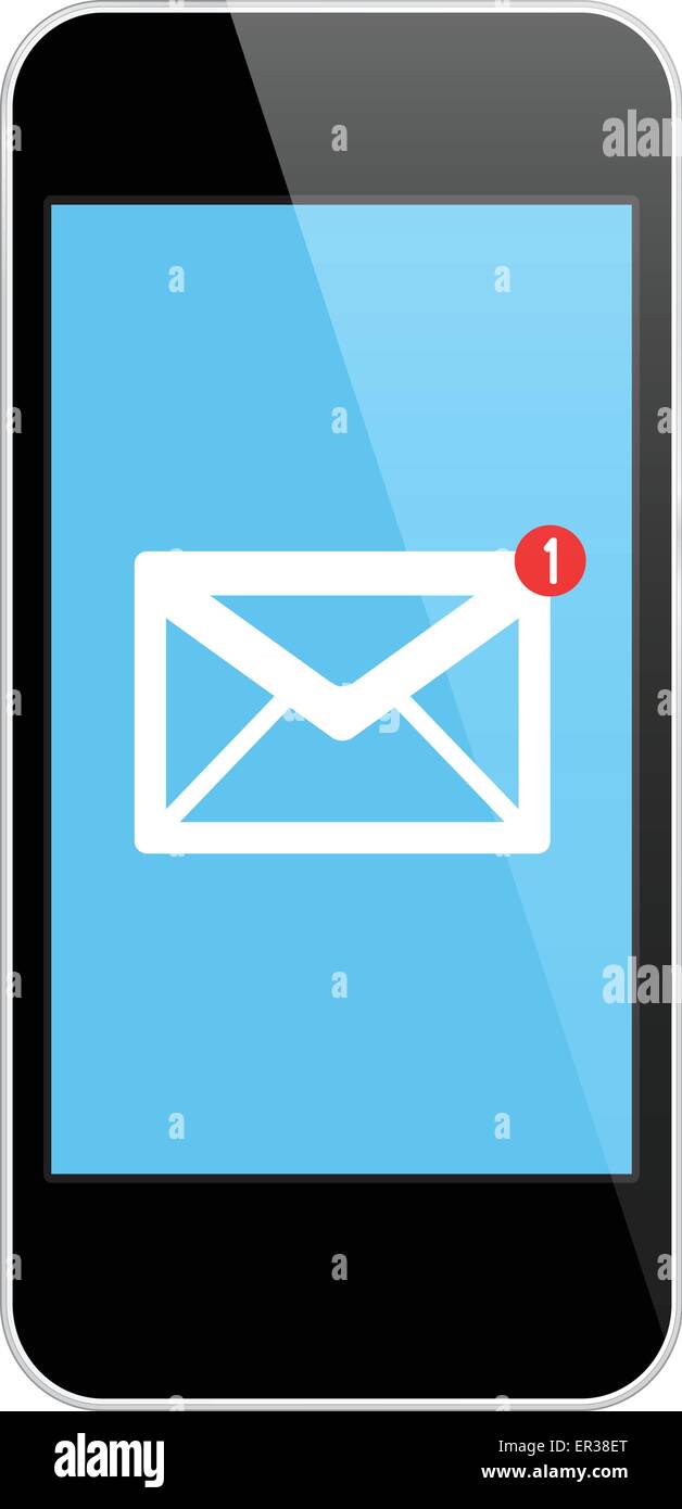 Notifica di posta sul moderno nero Smartphone isolato su bianco Illustrazione Vettoriale