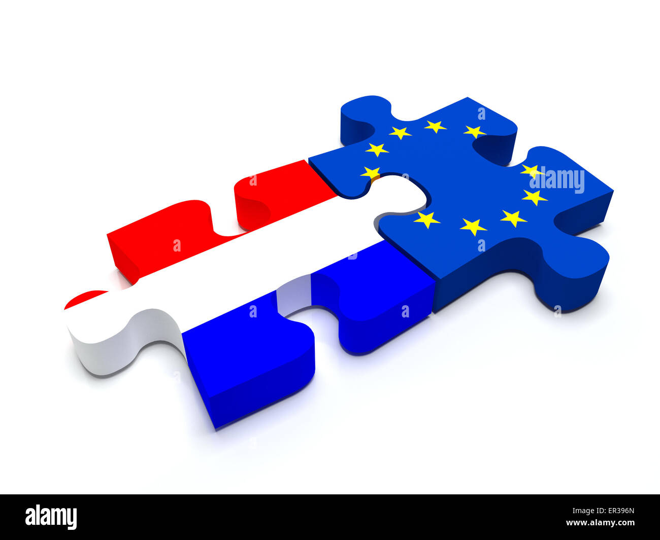 I pezzi del puzzle collegare un pezzo contenente la bandiera olandese e la bandiera dell'Unione europea. Foto Stock