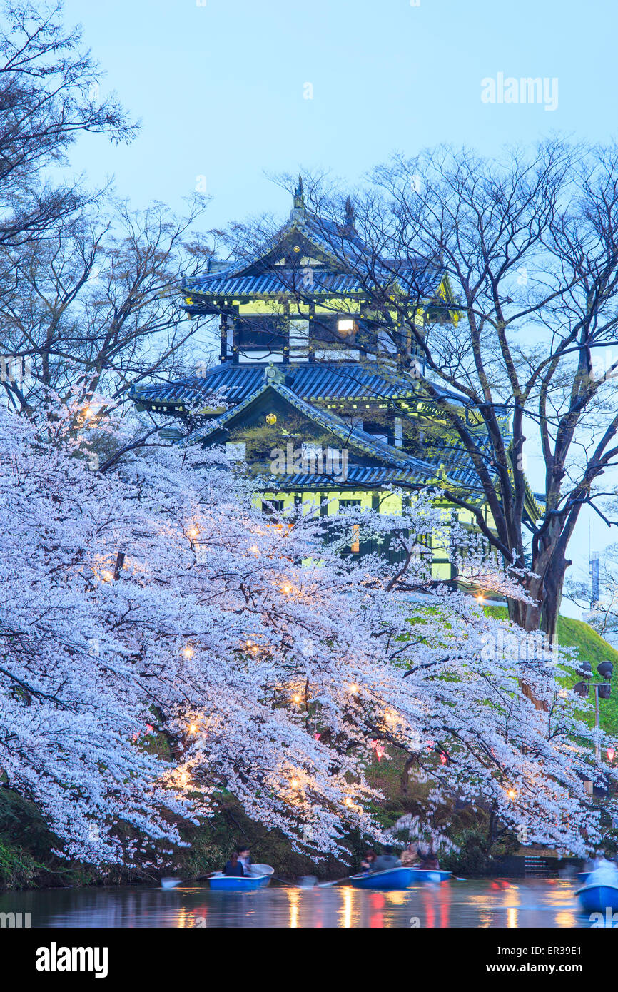 Luce di Takada Castello e fiori di ciliegio, Niigata, Giappone Foto Stock