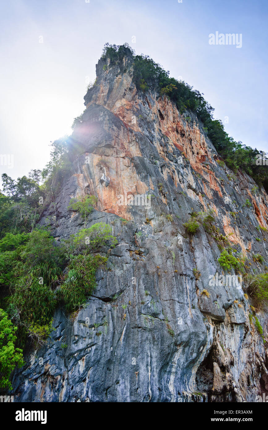 Colorato rupe calcarea e picco di montagna sotto la luce del sole di estate a Phang Nga Bay National Park, Thailandia Foto Stock