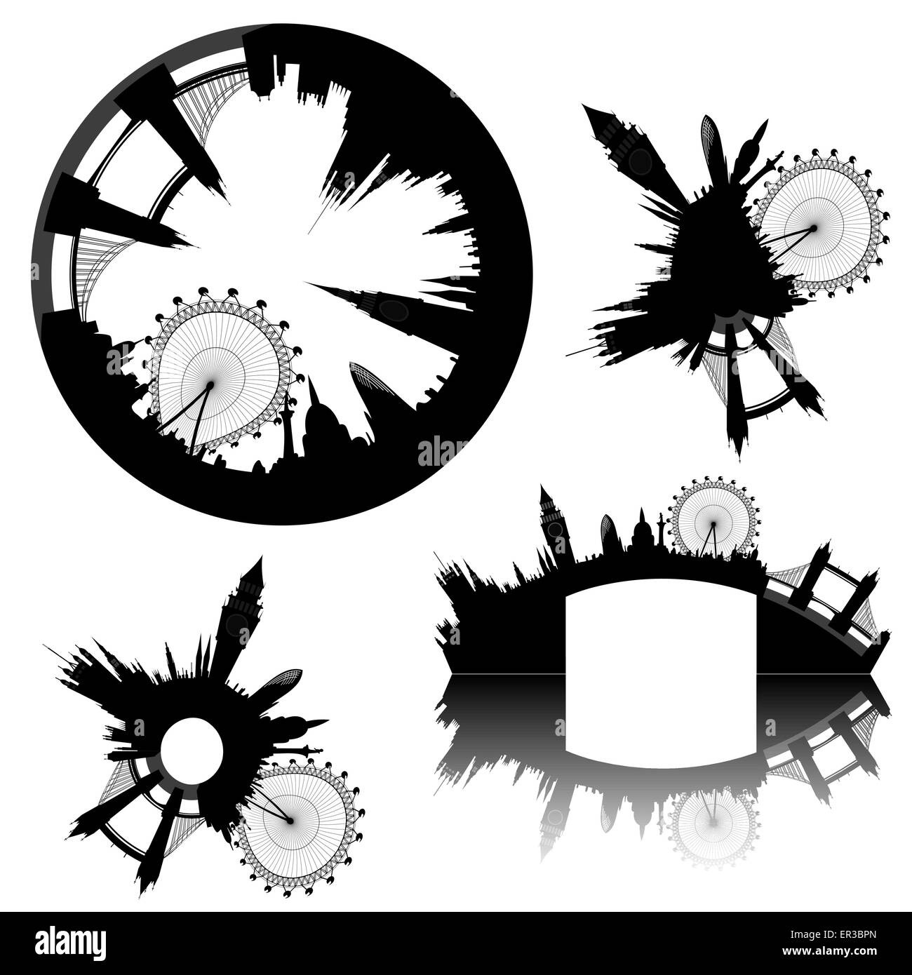 Lo skyline di Londra - Big Ben, London Eye, Tower Bridge, Westminster - vettore Illustrazione Vettoriale