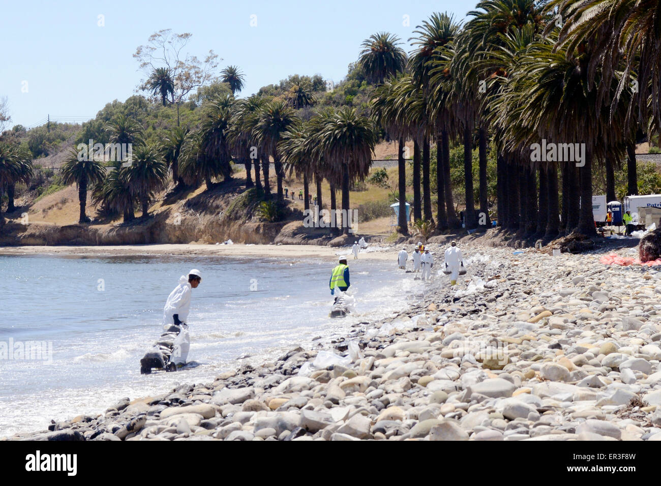 Gli equipaggi di pulitura rimuovere sacchi di sabbia oleoso durante gli sforzi per ridurre i danni provocati da una pipeline a rompere Rufugio State Beach, 23 maggio 2015 a Santa Barbara, California. Più di 105.000 galloni di petrolio greggio fuoriuscito da una pipeline in uno dei più scenografici tratti di costa nel membro. Foto Stock