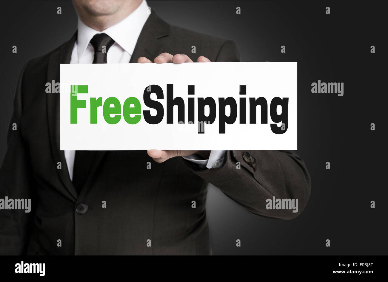 Spedizione gratuita in segno è detenuto da parte dell'imprenditore. Foto Stock