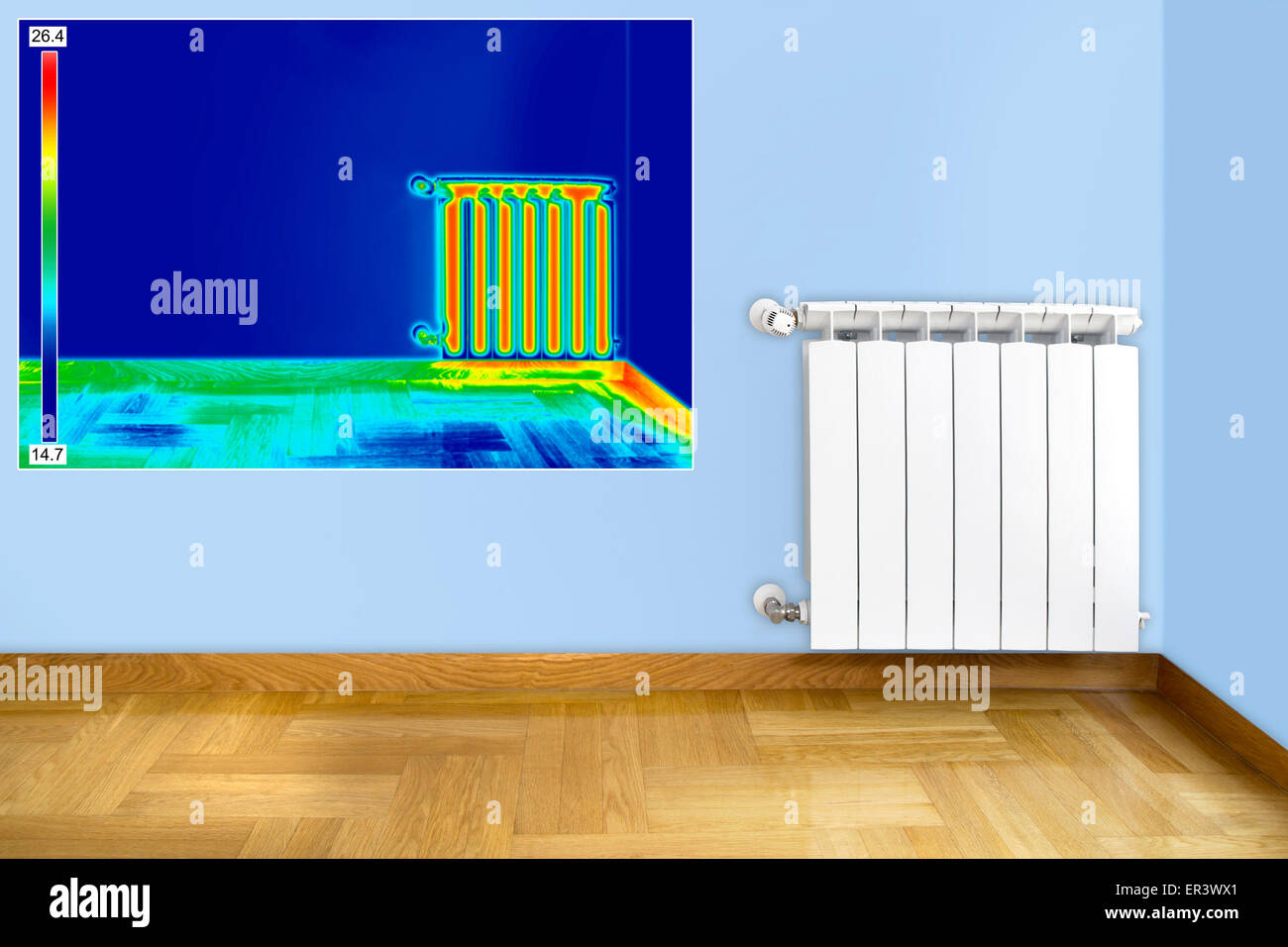 Immagine termica infrarosso radiatore di riscaldamento in camera Foto Stock