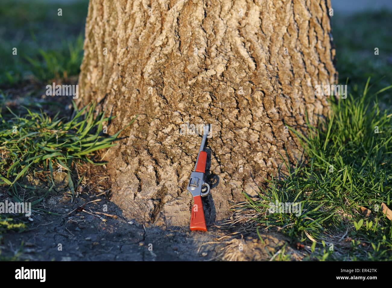 Una piccola pistola giocattolo appoggiata contro un tronco di albero. Foto Stock