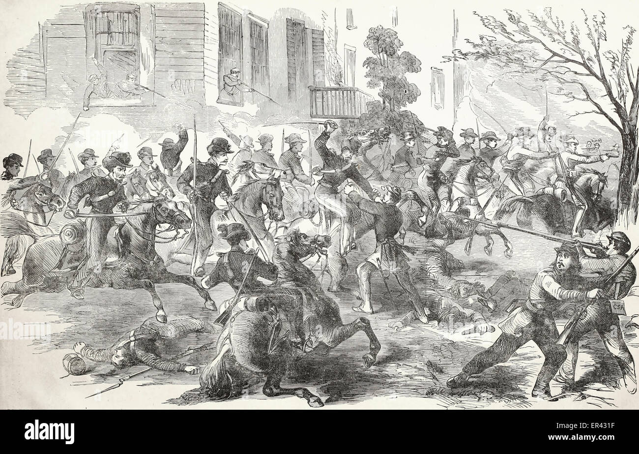 Il tenente Tompkins alla testa della società B, US dragoni, carica nella città di Fairfax Courthouse, a fronte di 1.500 truppe Confederate, Giugno 1st, 1861, USA La guerra civile Foto Stock