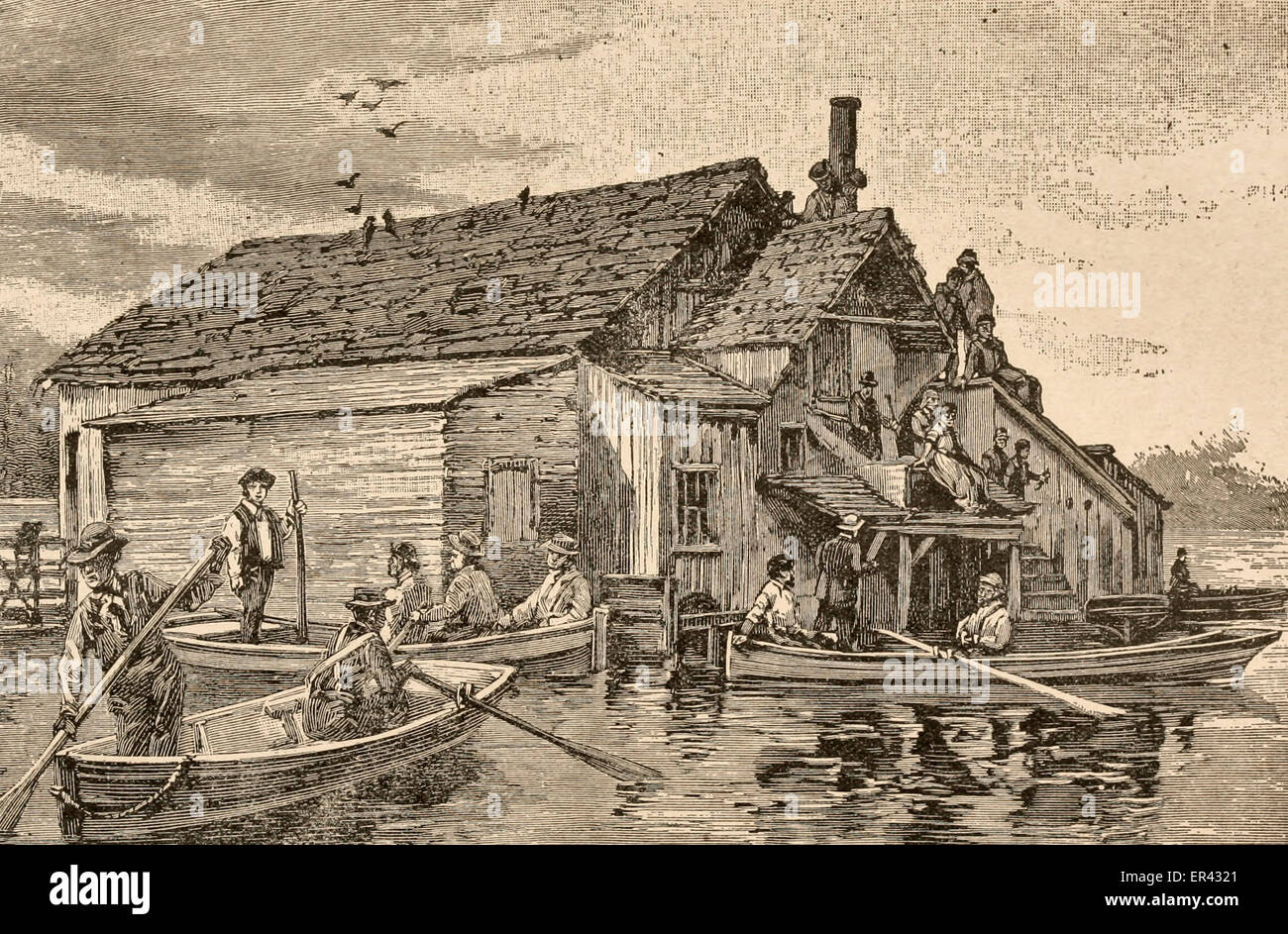 Il salvataggio di persone in navigazione distretti - New Orleans flood, 1882 basso Mississippi River Valley Foto Stock