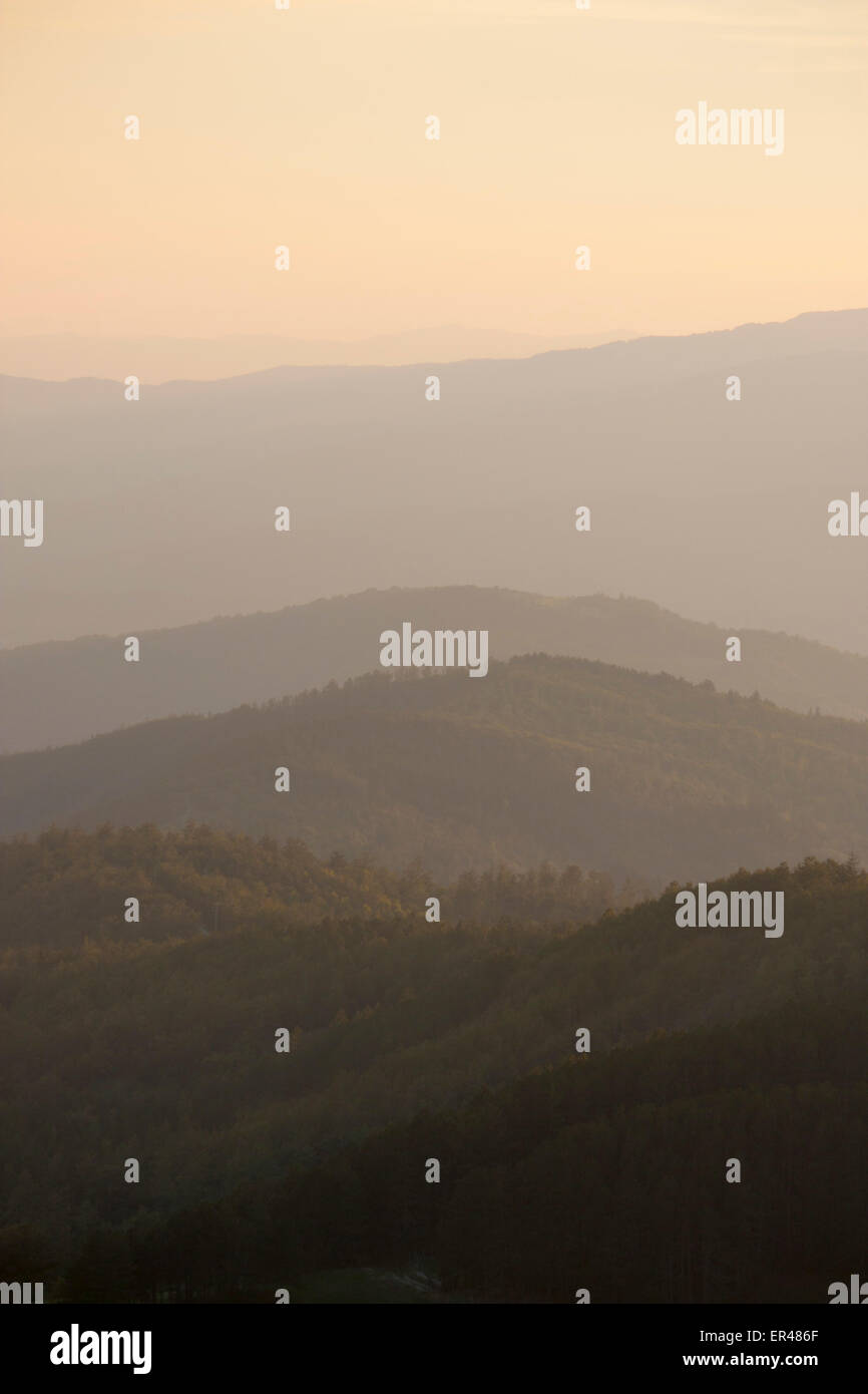 Foreste Casentinesi al tramonto dalla Verna Arezzo Provincia Toscana orientale Italia montante verticale vista verticale Foto Stock