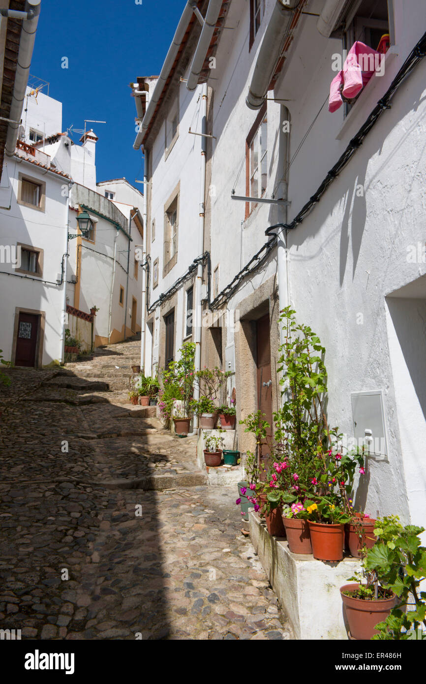 Castelo de Vide Alentejo Portogallo gradino ripida strada di ciottoli con case bianche e vasi di fiori in primo piano Foto Stock
