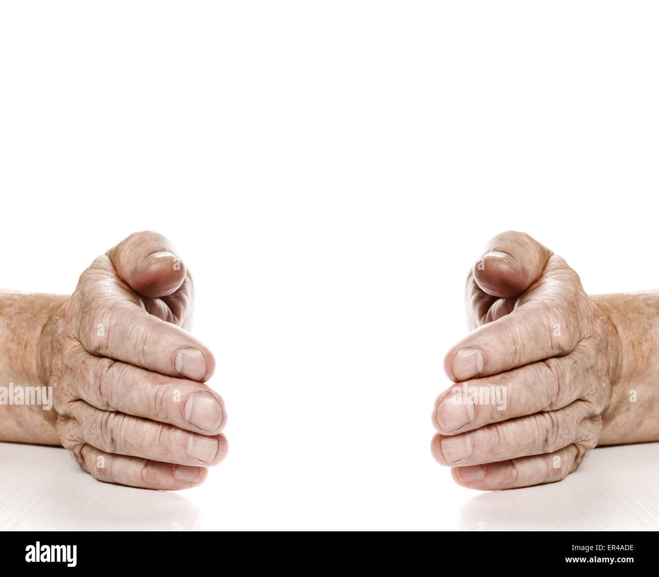 Hadns vecchio e giovane pianta tra loro. Isolato su sfondo bianco Foto Stock