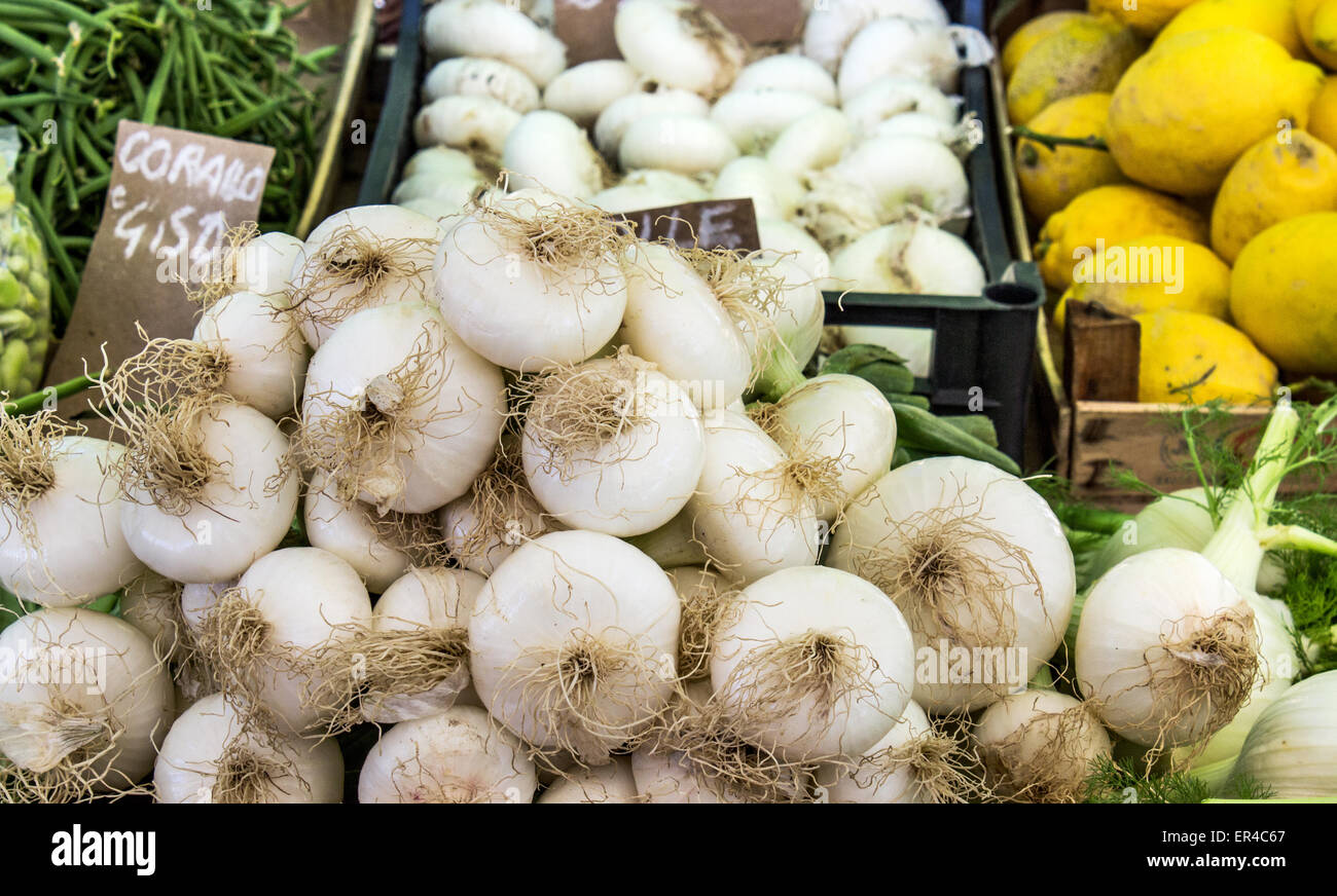 Display con le cipolle, i limoni e fagioli Foto Stock