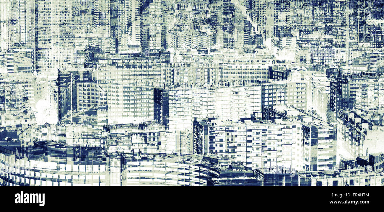 Grande città moderna e astratta, esposizione doppia configurazione di sfondo con tonalità filtro foto Foto Stock
