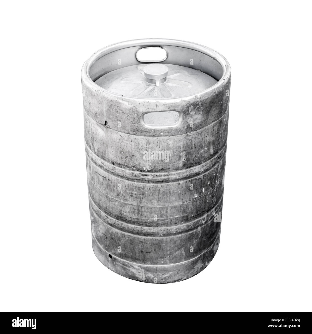 Usato alluminio barile, un piccolo barile comunemente utilizzato per archiviare, di trasporto e di servire la birra. Primo piano isolato su bianco Foto Stock