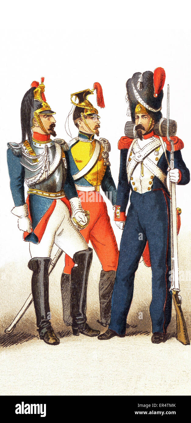 Le figure rappresentate qui data tra 1834-1864 sono, da sinistra a destra: cuirassier, lancer, e granatiere. Questa illustrazione risale al 1882. Foto Stock