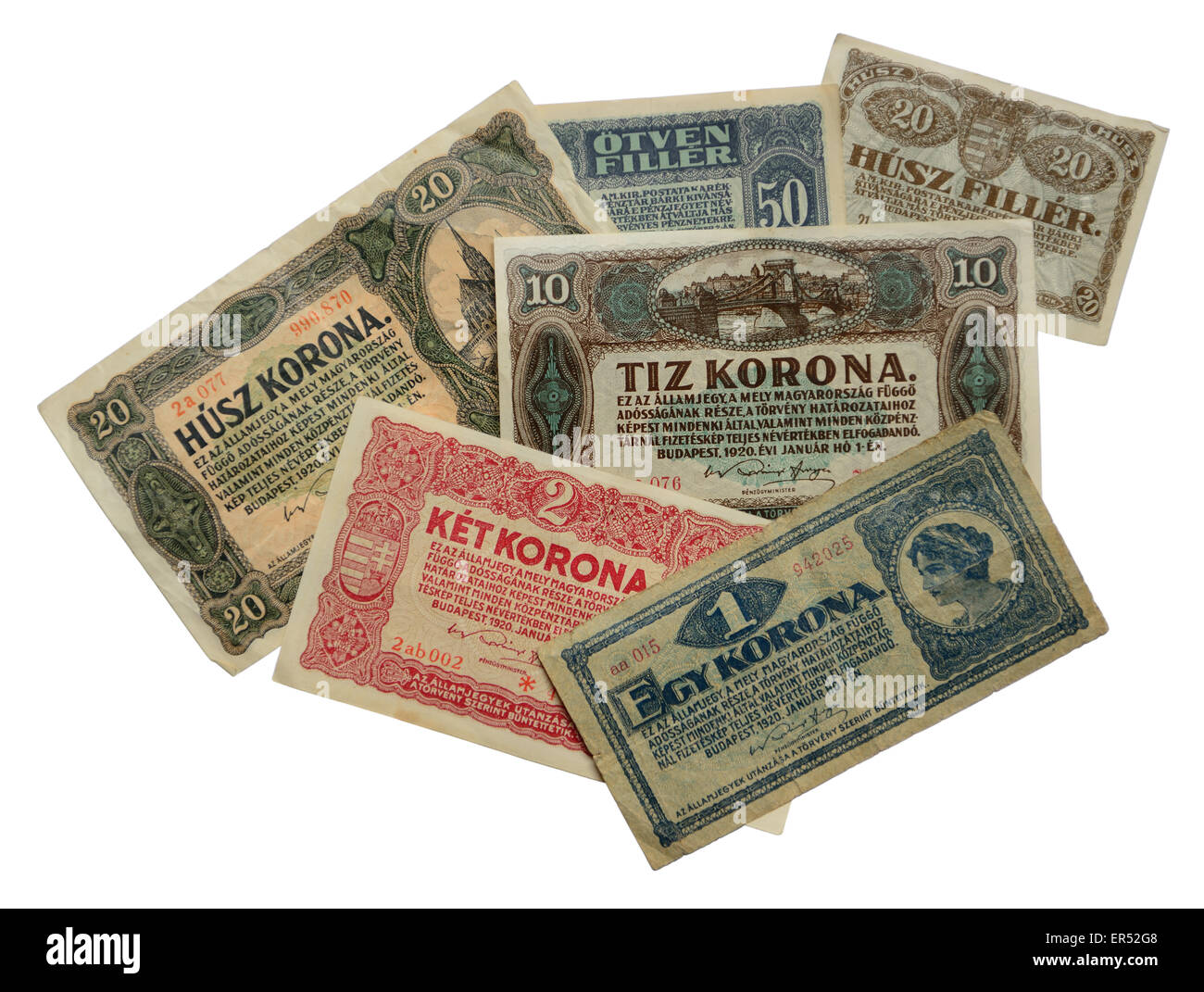 Vecchio ungherese banconote da 1920s (non utilizzate dal 1927), isolata su bianco. Foto Stock