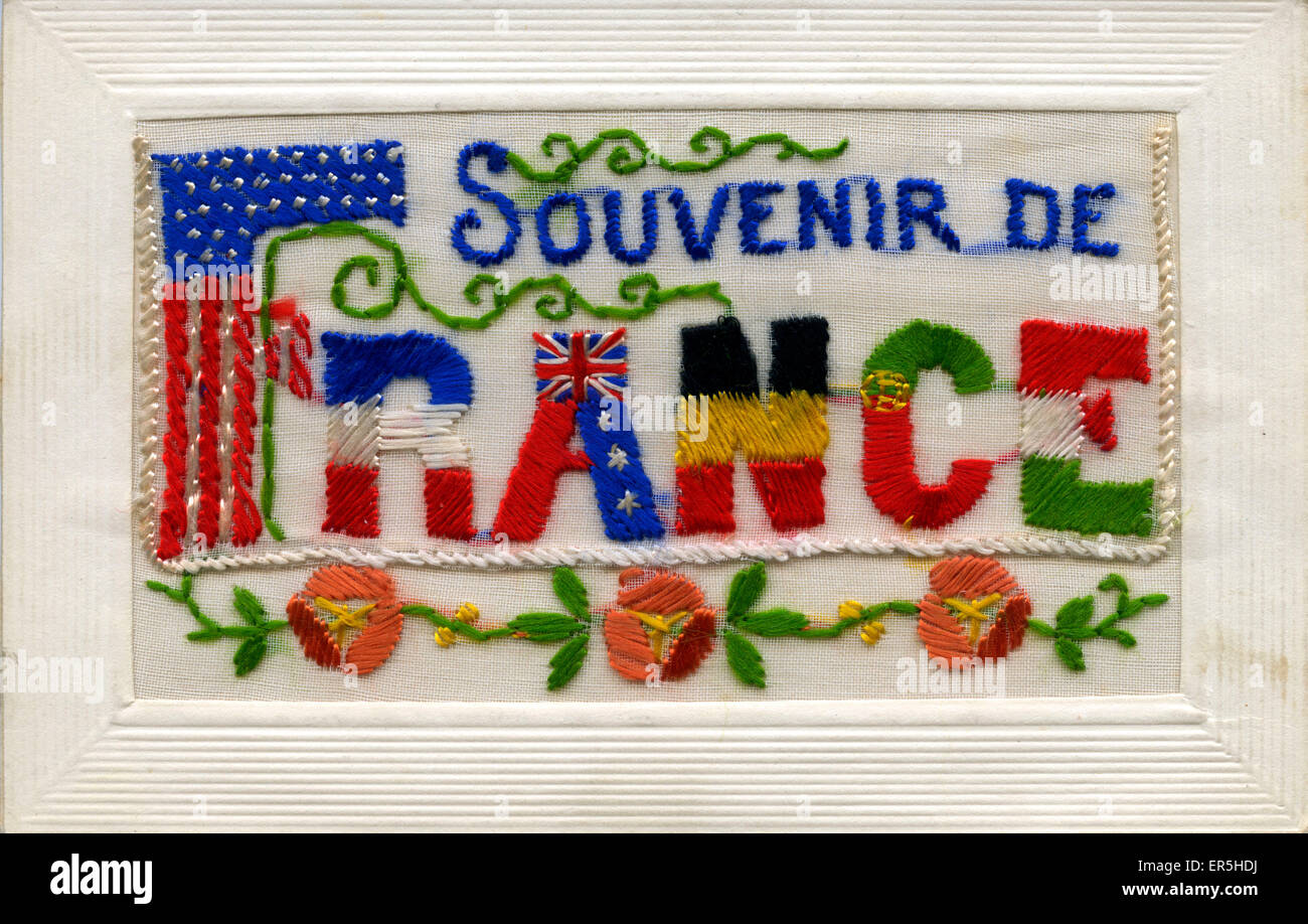 WW1 biglietto d'auguri ricamato in seta Foto Stock