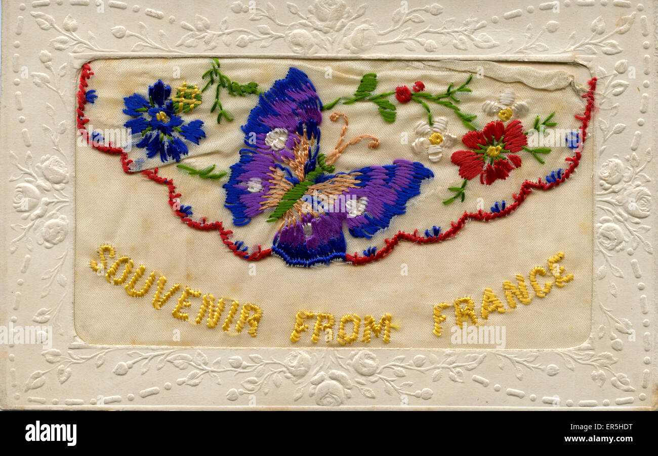WW1 biglietto d'auguri ricamato in seta Foto Stock