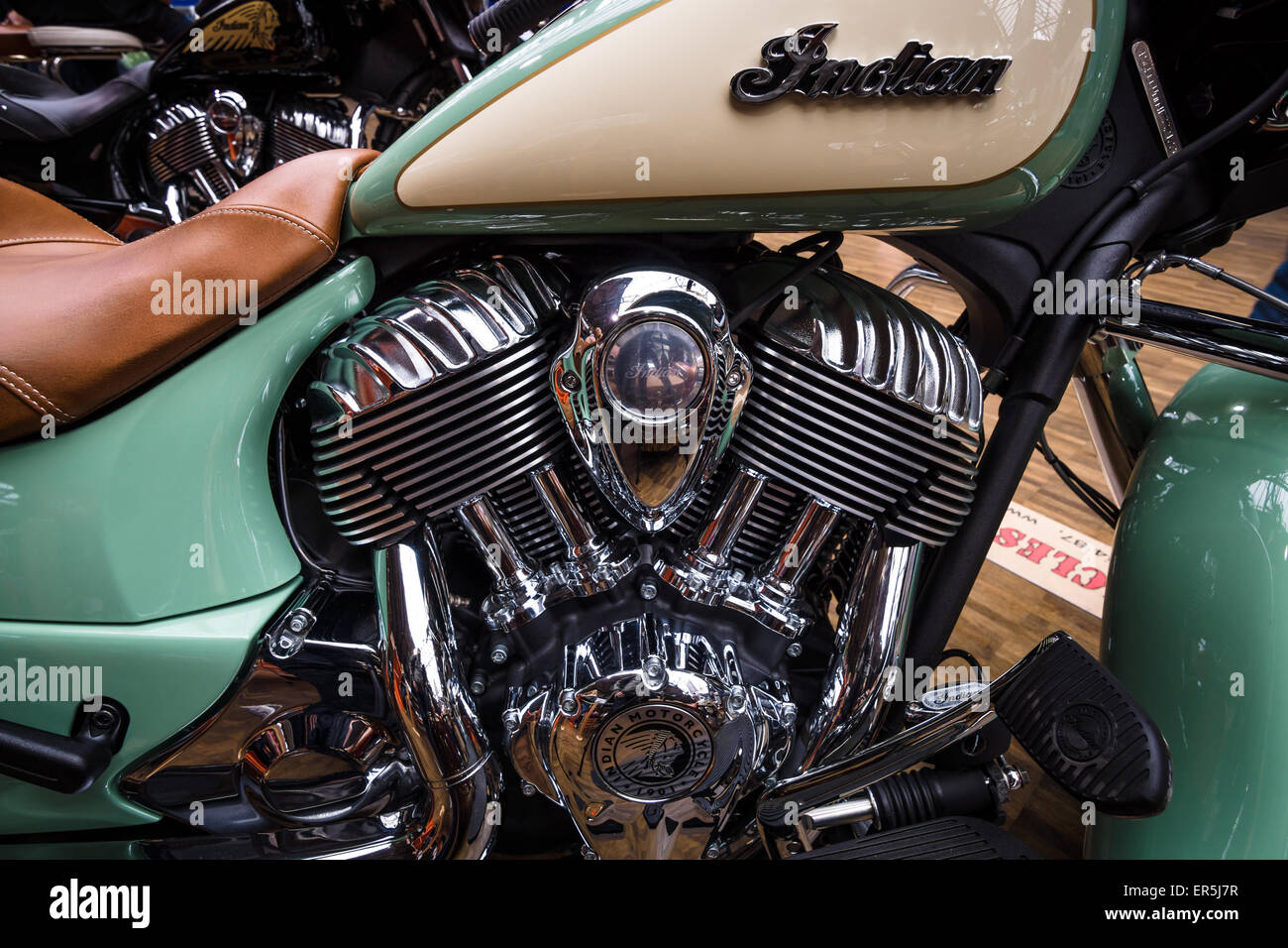 Berlino - 10 Maggio 2015: motore di una bici capo indiano Classic close-up (2014-presente). Ventottesima Berlin-Brandenburg Oldtimer giorno Foto Stock